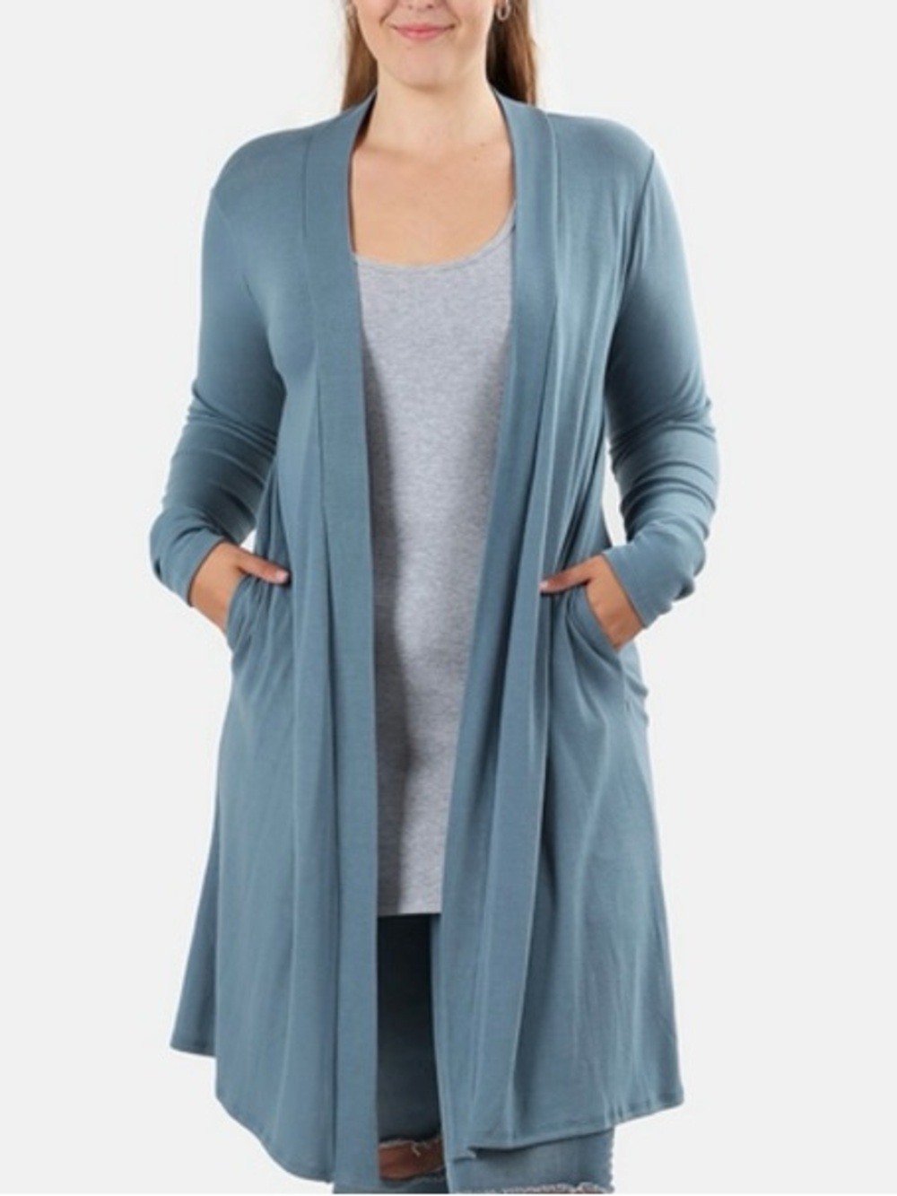 Zenana Outfitters Open-Front Longline Cardigan in Dusty Blue